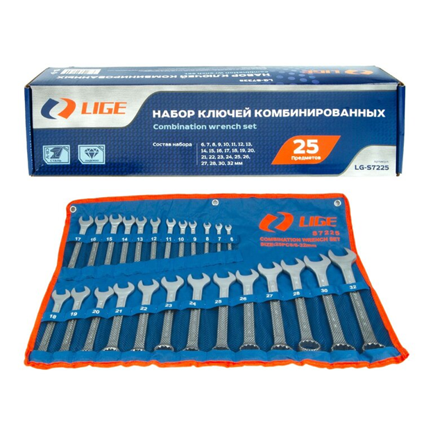 Набор ключей комбинированных 25пр., 12гр.(6-28,30,32мм), на полотне LIGE