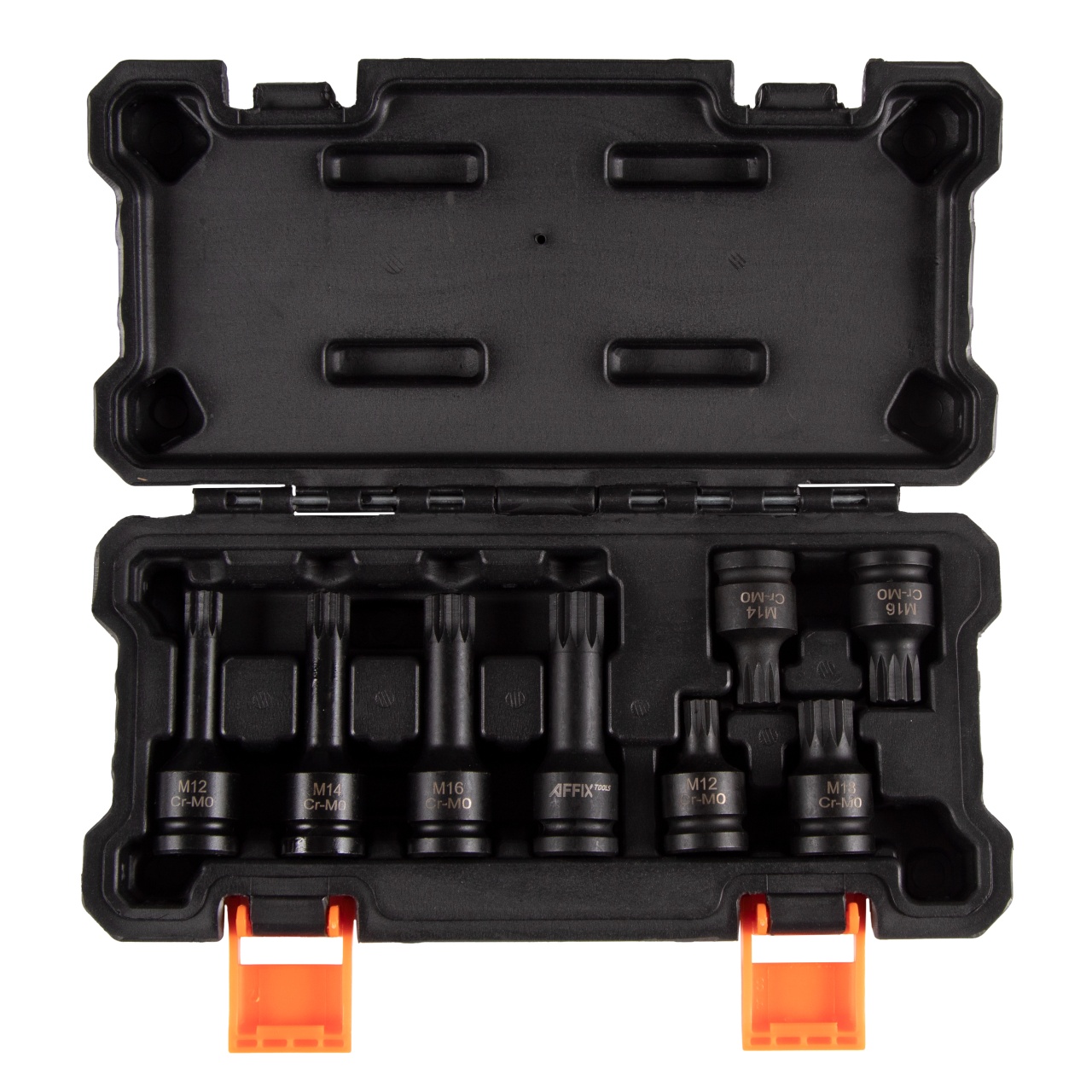 НАБОР УДАРНЫХ ТОРЦЕВЫХ НАСАДОК 1/2", SPLINE, M12-M18, L = 45-78 ММ, КЕЙС, 8 ПР. AFFIX